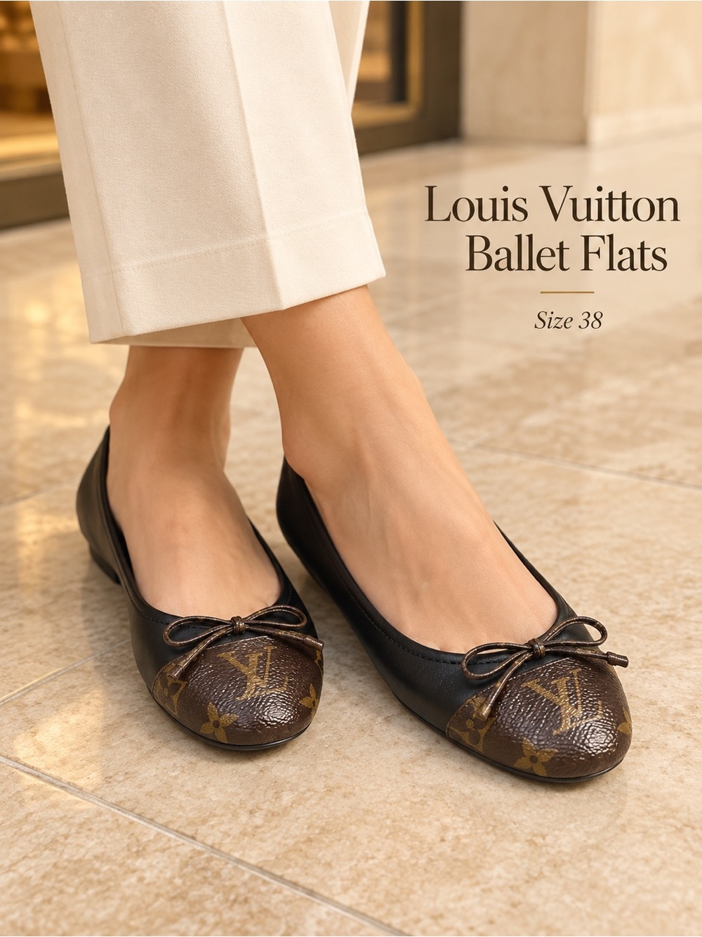 Louis Vuitton Black Leather Ballet Flats with Monogram Toe